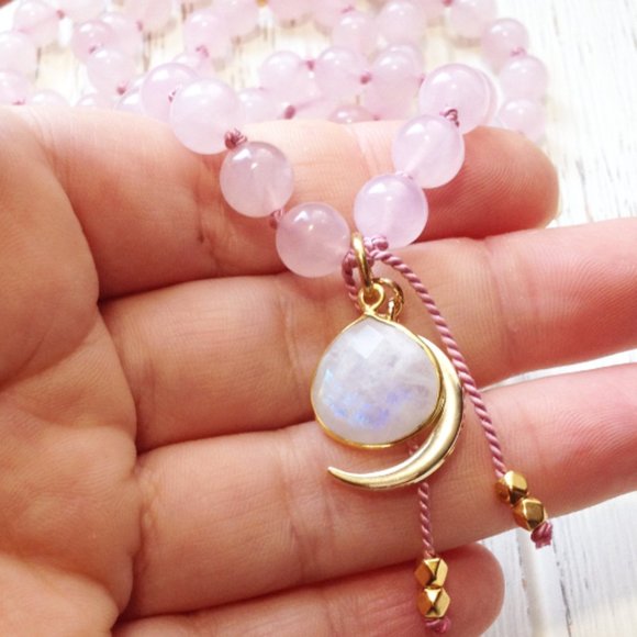 Rose Quartz Moonstone Meditation Necklace 108 - Picture 3 of 5